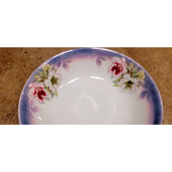 Antique German Porcelain Bowl Floral Design Blue Rim - Picture 4 of 5